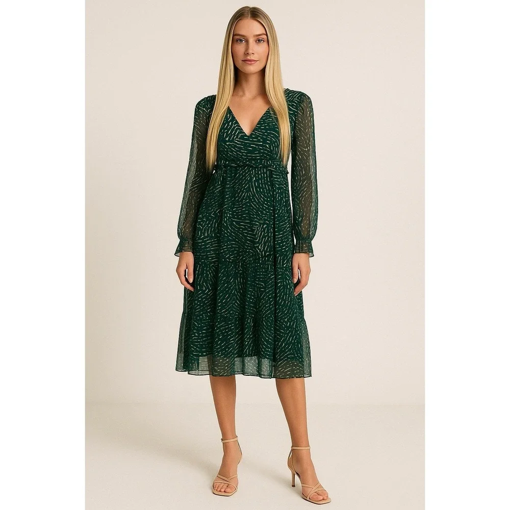 Ba&sh Lady Dress Women 2 US 6 Midi Forrest Fairy Geo Design Bohemian Green/Cream - Picture 2 of 16